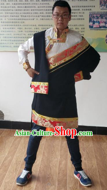 Traditional Chinese Zang Nationality Costume, Tibetan Ethnic Minority Black Tibetan Robe for Men