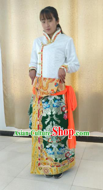 Traditional Chinese Tibetan Nationality Guozhuang Dance Costume, Zang Ethnic Minority Green Dress for Women