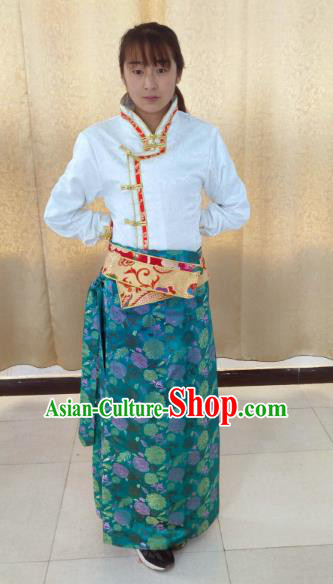 Traditional Chinese Tibetan Nationality Guozhuang Dance Costume, Zang Ethnic Minority Blue Dress for Women