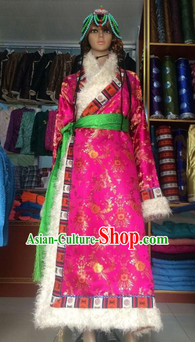 Chinese Tibetan Nationality Costume Pink Tibetan Robe, Traditional Zang Ethnic Minority Dress for Women