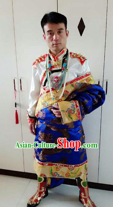 Traditional Chinese Zang Nationality Costume, Tibetan Ethnic Minority Royalblue Tibetan Robe for Men