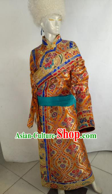 Chinese Tibetan Nationality Costume Golden Tibetan Robe, Traditional Zang Ethnic Minority Clothing for Women