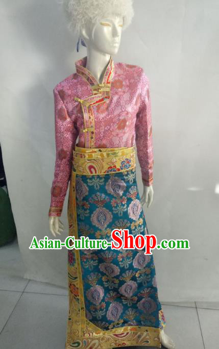 Chinese Tibetan Nationality Costume Pink Tibetan Robe, Traditional Zang Ethnic Minority Clothing for Women