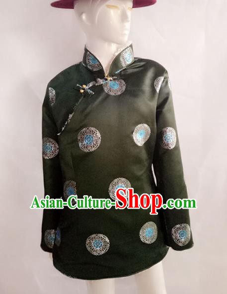 Traditional Chinese Zang Nationality Costume Green Cotton-padded Jacket, Tibetan Ethnic Minority Coat for Men