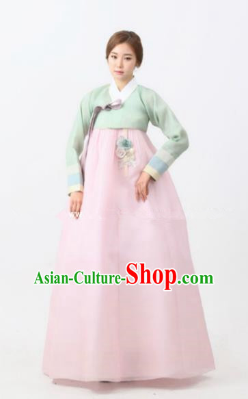 Korean Traditional Bride Palace Hanbok Clothing Green Blouse and Pink Dress Korean Fashion Apparel Costumes for Women