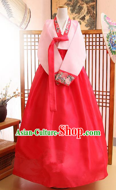 Korean Traditional Bride Palace Hanbok Clothing Pink Blouse and Red Dress Korean Fashion Apparel Costumes for Women