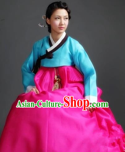 Korean Traditional Palace Garment Hanbok Fashion Apparel Costume Blue Blouse and Rosy Dress for Women