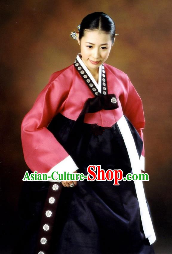 Korean Traditional Palace Garment Hanbok Fashion Apparel Costume Red Blouse and Navy Dress for Women