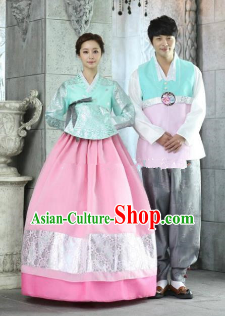 Korean Traditional Garment Palace Green Hanbok Fashion Apparel Bride and Bridegroom Costumes