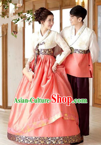 Korean Traditional Garment Palace Orange Hanbok Fashion Apparel Bride and Bridegroom Costumes Complete Set