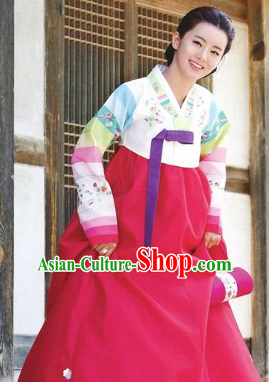 Korean Traditional Garment Palace Hanbok White Blouse and Rosy Dress Fashion Apparel Bride Costumes for Women