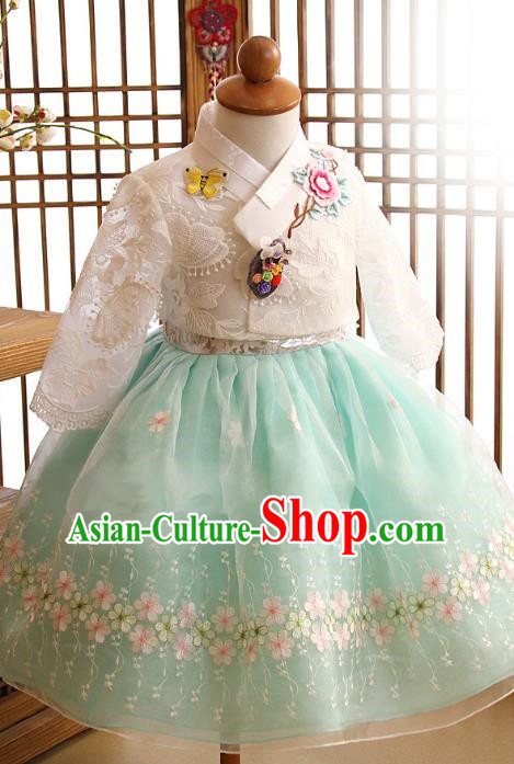 Korean Traditional Hanbok Korea Children White Lace Blouse and Green Dress Fashion Apparel Hanbok Costumes for Kids