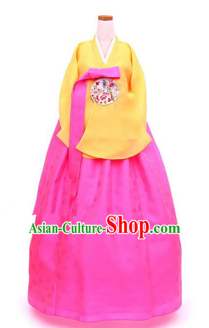 Korean Traditional Handmade Palace Hanbok Yellow Blouse and Rosy Dress Fashion Apparel Bride Costumes for Women
