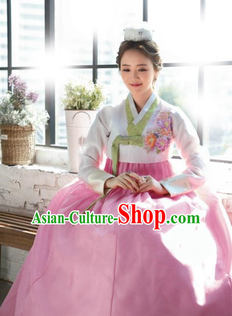 Top Grade Korean Traditional Palace Hanbok White Blouse and Pink Dress Fashion Apparel Bride Costumes for Women