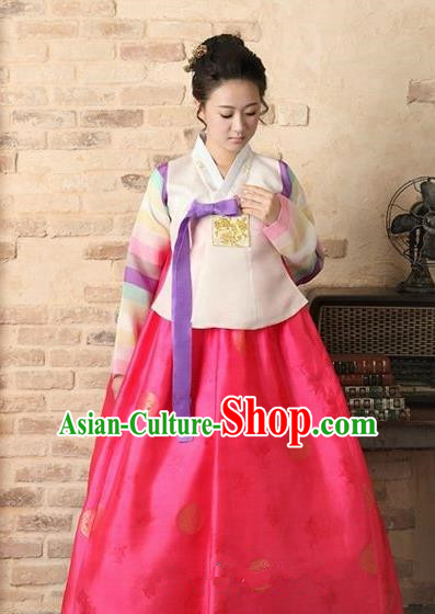 Top Grade Korean Palace Hanbok Bride Traditional Beige Blouse and Pink Dress Fashion Apparel Costumes for Women
