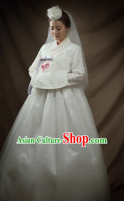 Top Grade Korean Palace Hanbok Bride Traditional White Lace Blouse and Dress Fashion Apparel Costumes for Women