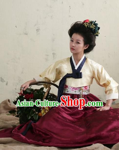 Top Grade Korean Hanbok Traditional Beige Blouse and Wine Red Dress Fashion Apparel Costumes for Women