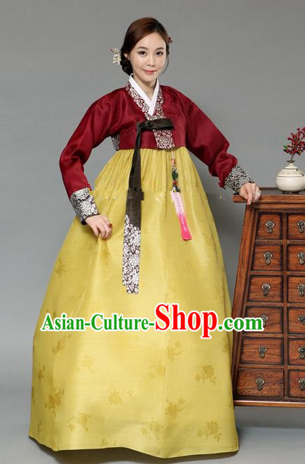 Top Grade Korean Hanbok Traditional Bride Wine Red Blouse and Yellow Dress Fashion Apparel Costumes for Women