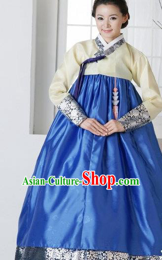 Top Grade Korean Traditional Hanbok Yellow Blouse and Blue Dress Fashion Apparel Costumes for Women