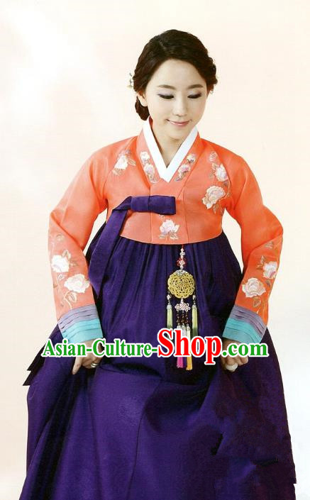 Top Grade Korean Traditional Hanbok Orange Blouse and Purple Dress Fashion Apparel Costumes for Women
