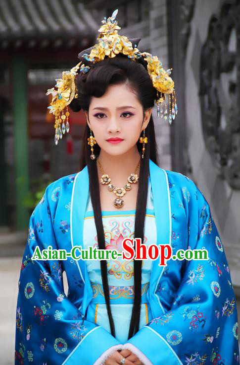 Chinese Ancient Ming Dynasty Imperial Consort Embroidered Dress Costume and Headpiece Complete Set for Women
