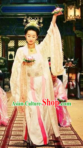 Chinese Ancient Ming Dynasty Palace Imperial Concubine Embroidered Dance Dress Costume and Headpiece Complete Set for Women