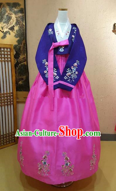 Top Grade Korean Hanbok Traditional Bride Purple Blouse and Pink Dress Fashion Apparel Costumes for Women