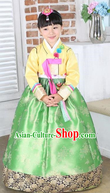 Top Grade Korean Hanbok Traditional Yellow Blouse and Green Dress Fashion Apparel Costumes for Kids