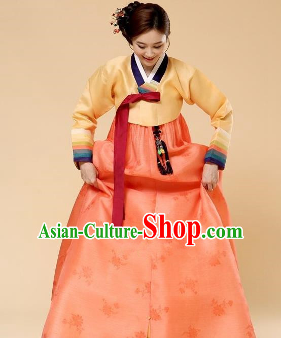 Top Grade Korean Hanbok Traditional Yellow Blouse and Orange Dress Fashion Apparel Costumes for Women
