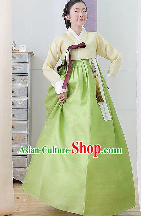 Top Grade Korean Hanbok Traditional Yellow Blouse and Green Dress Fashion Apparel Costumes for Women