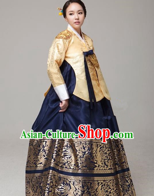 Top Grade Korean Palace Hanbok Traditional Empress Golden Blouse and Navy Dress Fashion Apparel Costumes for Women