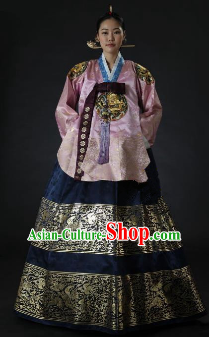 Top Grade Korean Palace Hanbok Traditional Empress Pink Blouse and Navy Dress Fashion Apparel Costumes for Women