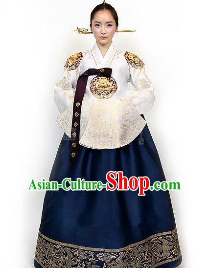 Top Grade Korean Palace Hanbok Traditional Empress White Blouse and Navy Dress Fashion Apparel Costumes for Women