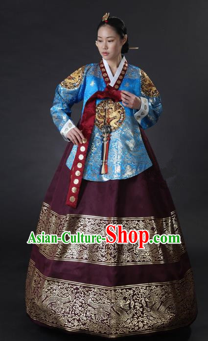 Top Grade Korean Palace Hanbok Traditional Empress Blue Blouse and Purple Dress Fashion Apparel Costumes for Women