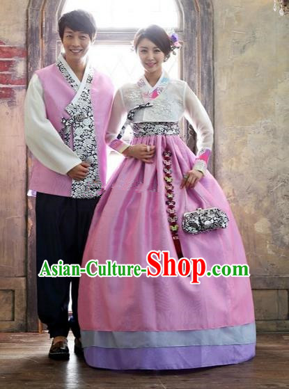 Asian Korean Traditional Pink Costume Ancient Bridegroom and Bride Hanbok Complete Set