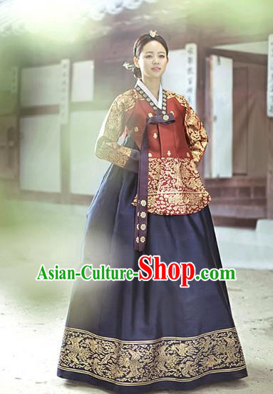 Top Grade Korean Traditional Palace Hanbok Ancient Wine Red Blouse and Navy Dress Fashion Apparel Costumes for Women