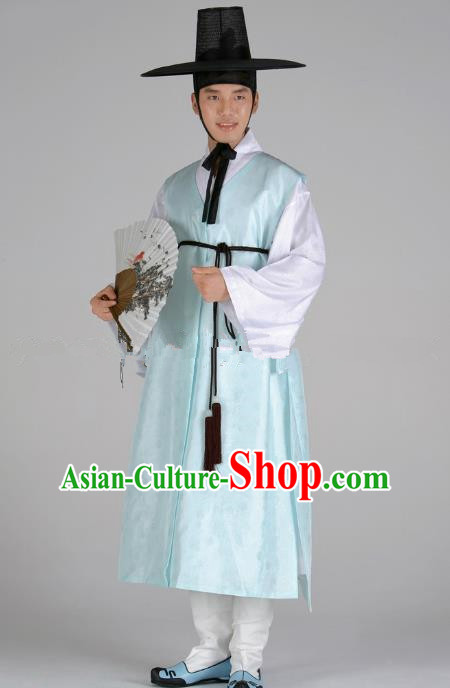Asian Korean Traditional Costume Ancient Nobility Childe Bridegroom Blue Hanbok for Men