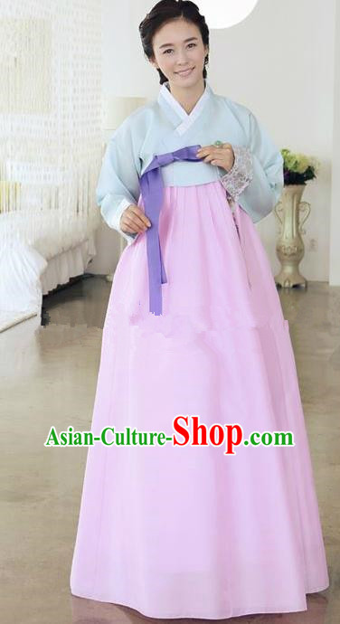 Top Grade Korean Traditional Hanbok Ancient Palace Blue Blouse and Pink Dress Fashion Apparel Costumes for Women