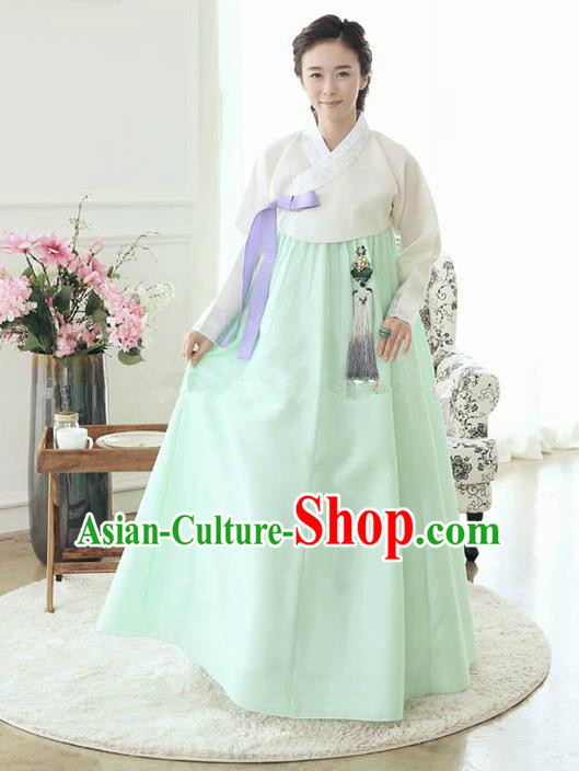 Top Grade Korean Traditional Hanbok Ancient Palace White Blouse and Green Dress Fashion Apparel Costumes for Women
