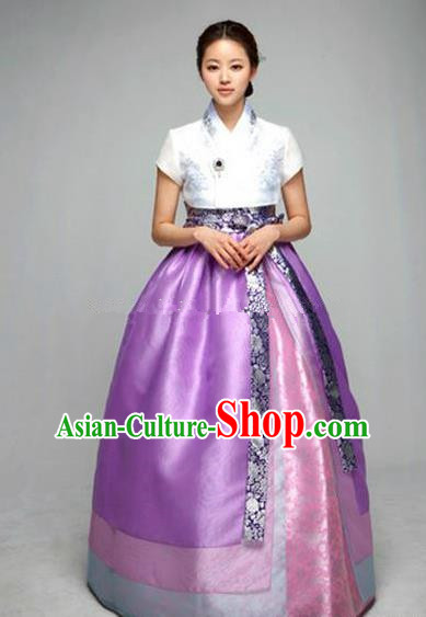 Top Grade Korean Hanbok Ancient Traditional Fashion Apparel Costumes White Blouse and Purple Dress for Women