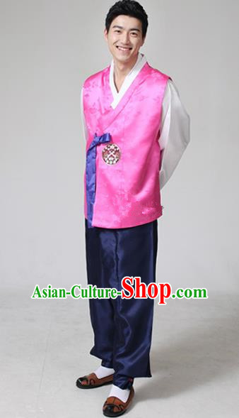Asian Korean Traditional Costumes Ancient Korean Hanbok Bridegroom Rosy Vest and Navy Pants for Men