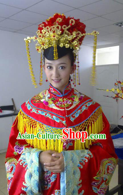 Ancient Chinese Ming Dynasty Wedding Embroidered Dress Costume and Headpiece Complete Set