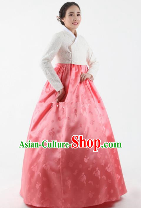 Top Grade Korean Hanbok Ancient Traditional Fashion Apparel Costumes White Lace Blouse and Pink Dress for Women
