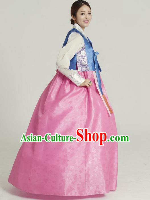 Korean Traditional Hanbok Blue Blouse and Pink Dress Ancient Formal Occasions Fashion Apparel Costumes for Women