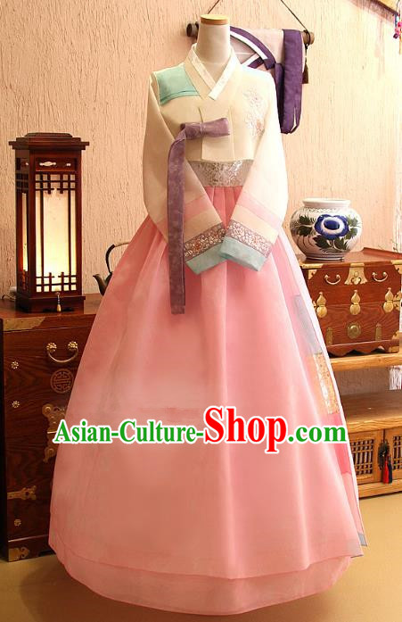 Korean Traditional Hanbok Bride Beige Blouse and Pink Dress Ancient Formal Occasions Fashion Apparel Costumes for Women