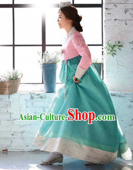 Korean Traditional Bride Hanbok Pink Blouse and Green Dress Ancient Formal Occasions Fashion Apparel Costumes for Women