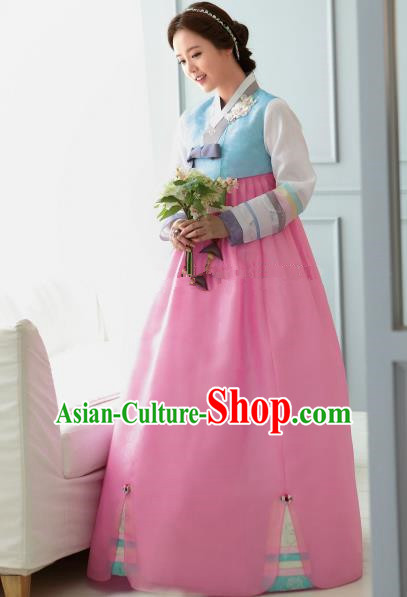 Korean Traditional Bride Hanbok Blue Blouse and Pink Dress Ancient Formal Occasions Fashion Apparel Costumes for Women