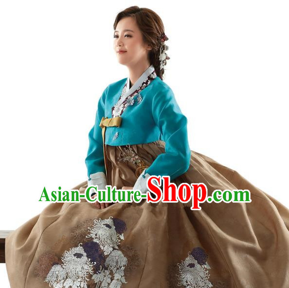 Korean Traditional Bride Hanbok Green Blouse and Brown Embroidered Dress Ancient Formal Occasions Fashion Apparel Costumes for Women
