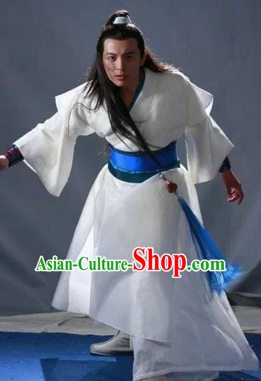 Chinese Ming Dynasty Swordsman Hanfu White Clothing Ancient Knight-errant Replica Costume for Men