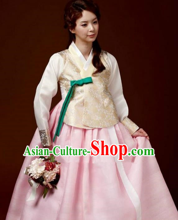 Korean Traditional Bride Hanbok Golden Blouse and Pink Embroidered Dress Ancient Formal Occasions Fashion Apparel Costumes for Women
